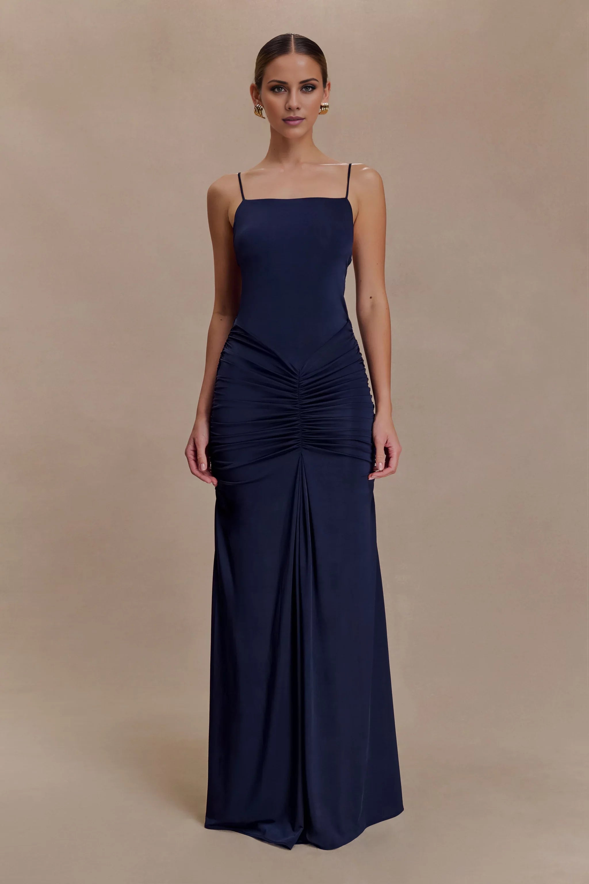 Streamlined Satin Spaghetti-Strap Square Neck Ruched Open-Back Floor-Length Evening Dress