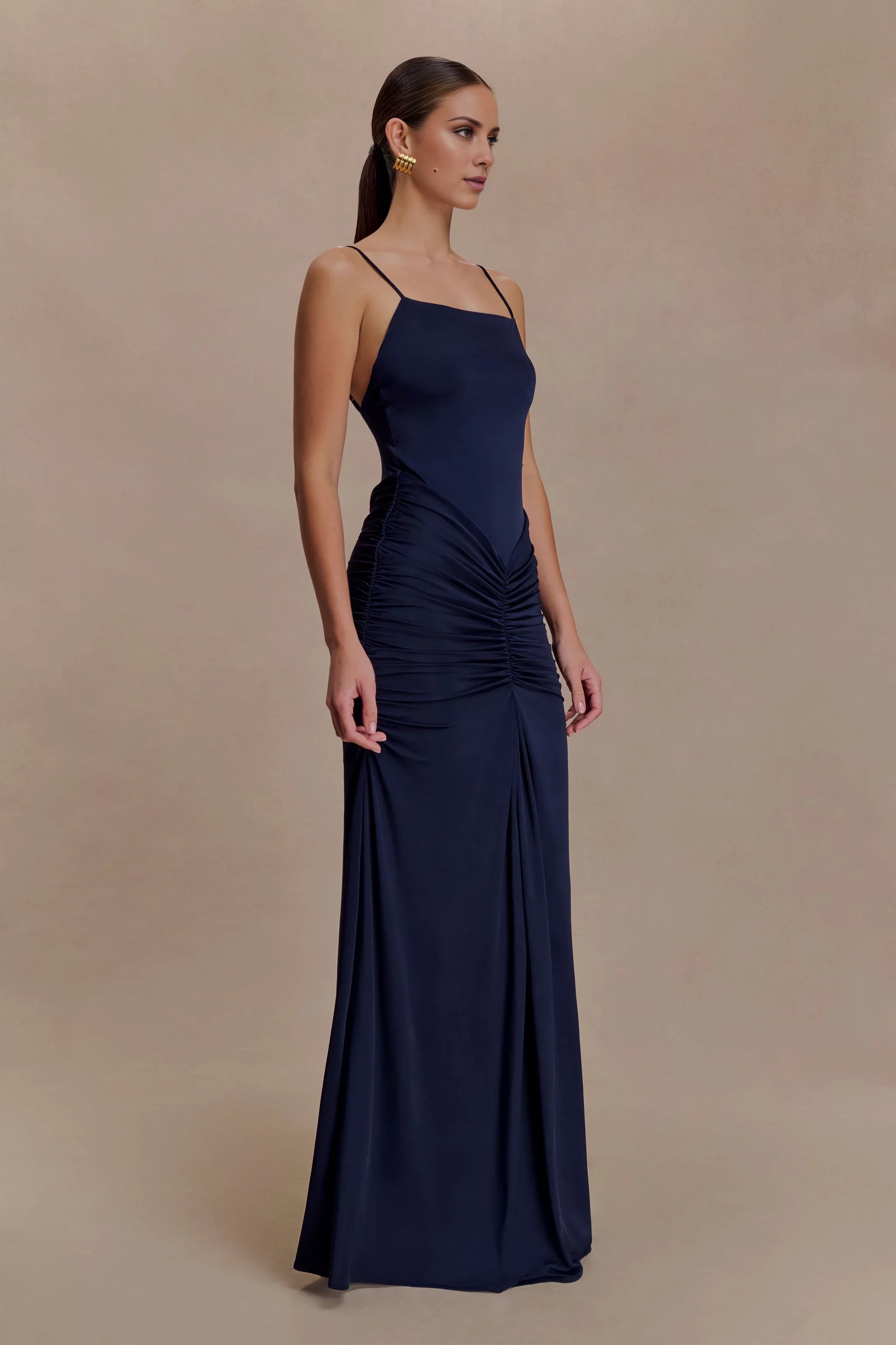Streamlined Satin Spaghetti-Strap Square Neck Ruched Open-Back Floor-Length Evening Dress