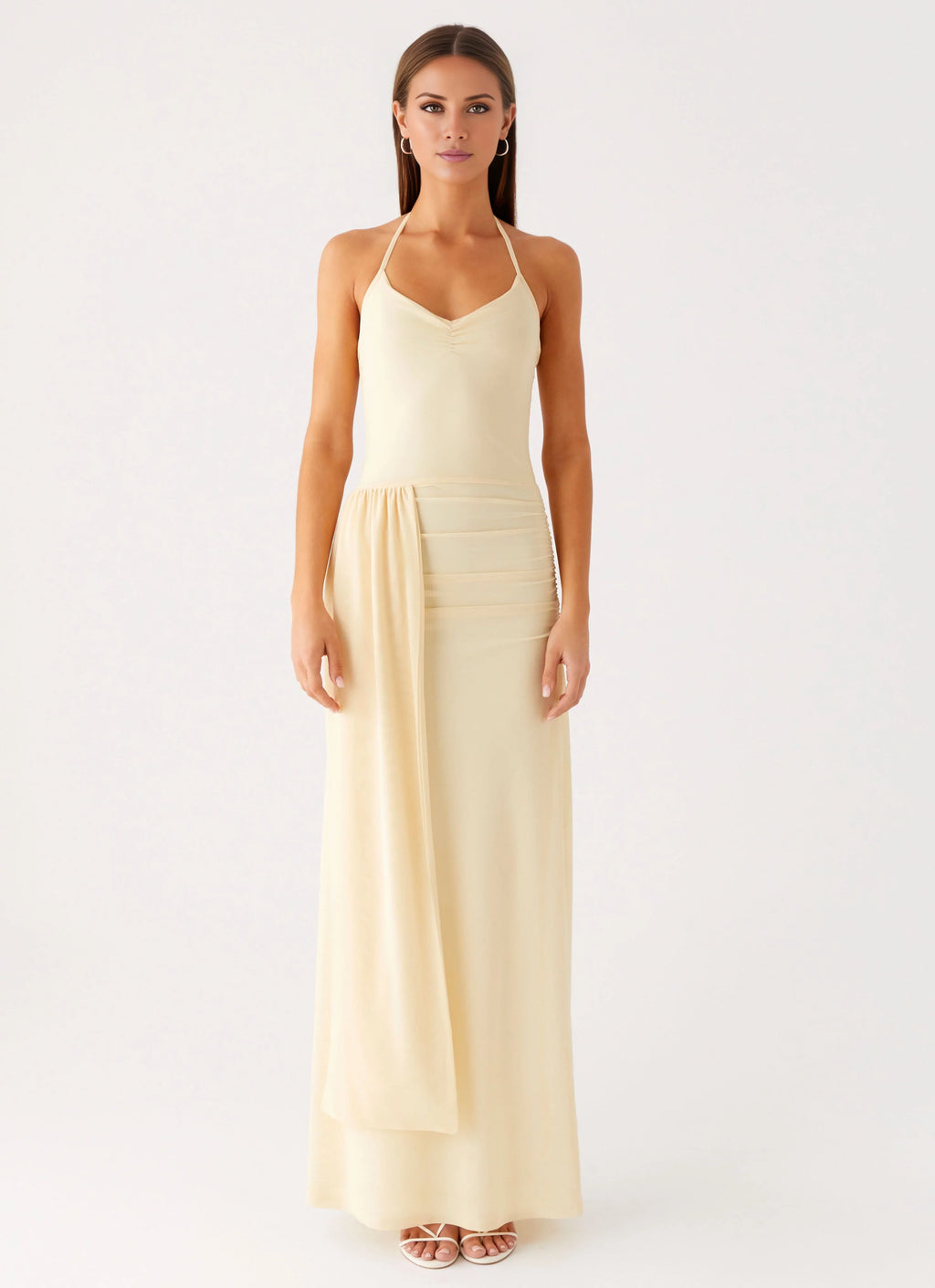 Butter Stretch Knit Sheath/column Floor-Length Halter neckline Bridesmaid Dress