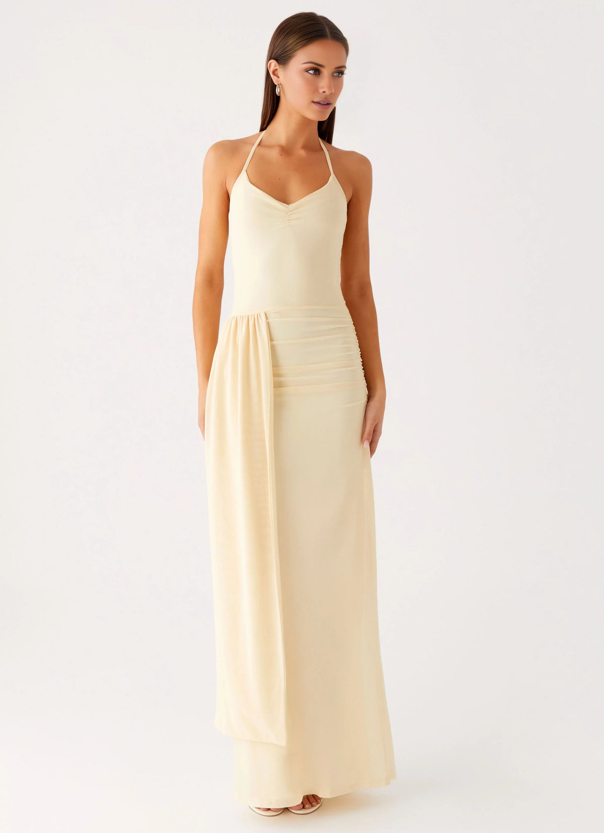 Butter Stretch Knit Sheath/column Floor-Length Halter neckline Bridesmaid Dress