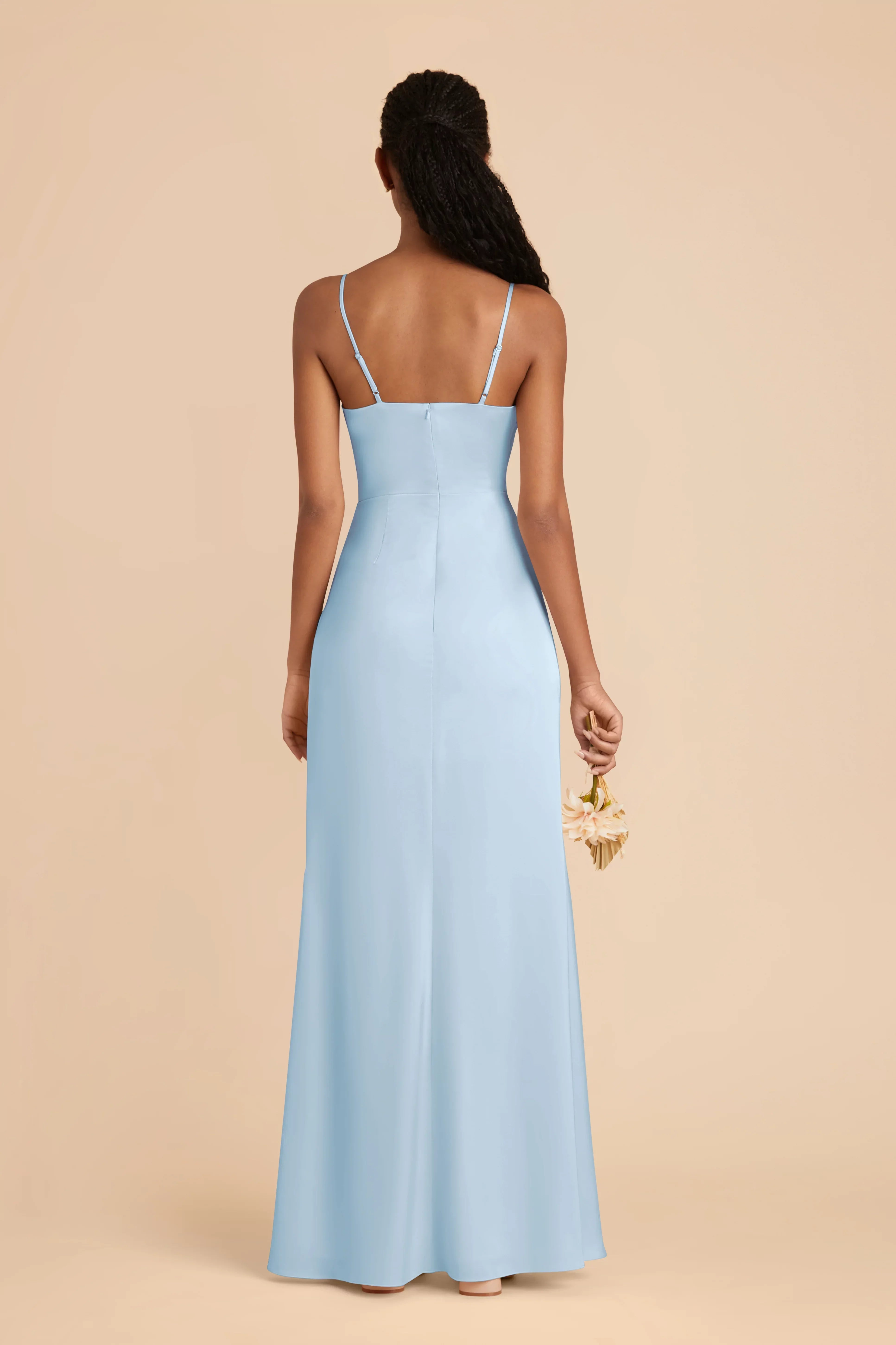 Streamlined Square Neck Sky Blue Sleeveless Satin Ruched Maxi Bridesmaid  Dress