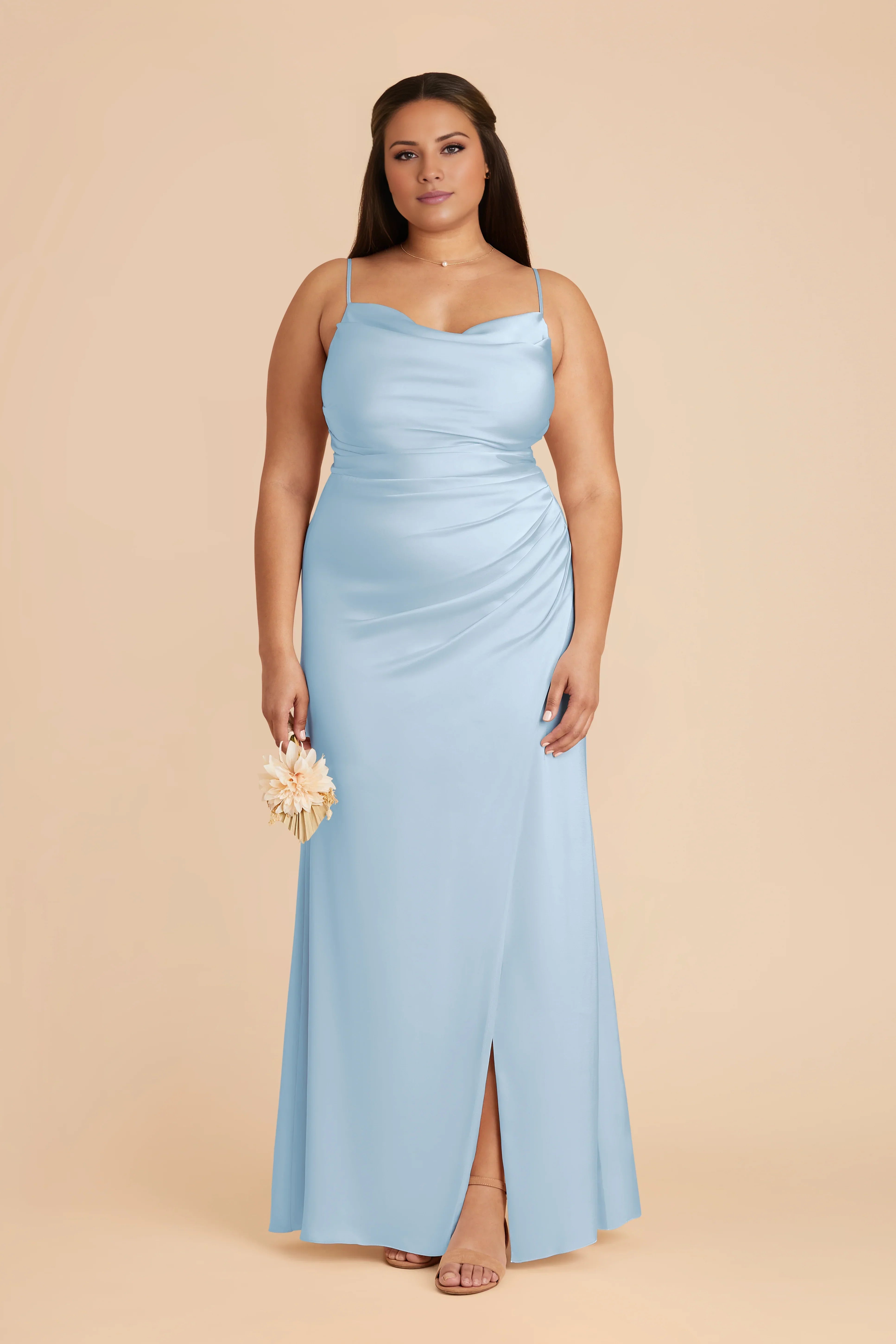 Streamlined Square Neck Sky Blue Sleeveless Satin Ruched Maxi Bridesmaid  Dress