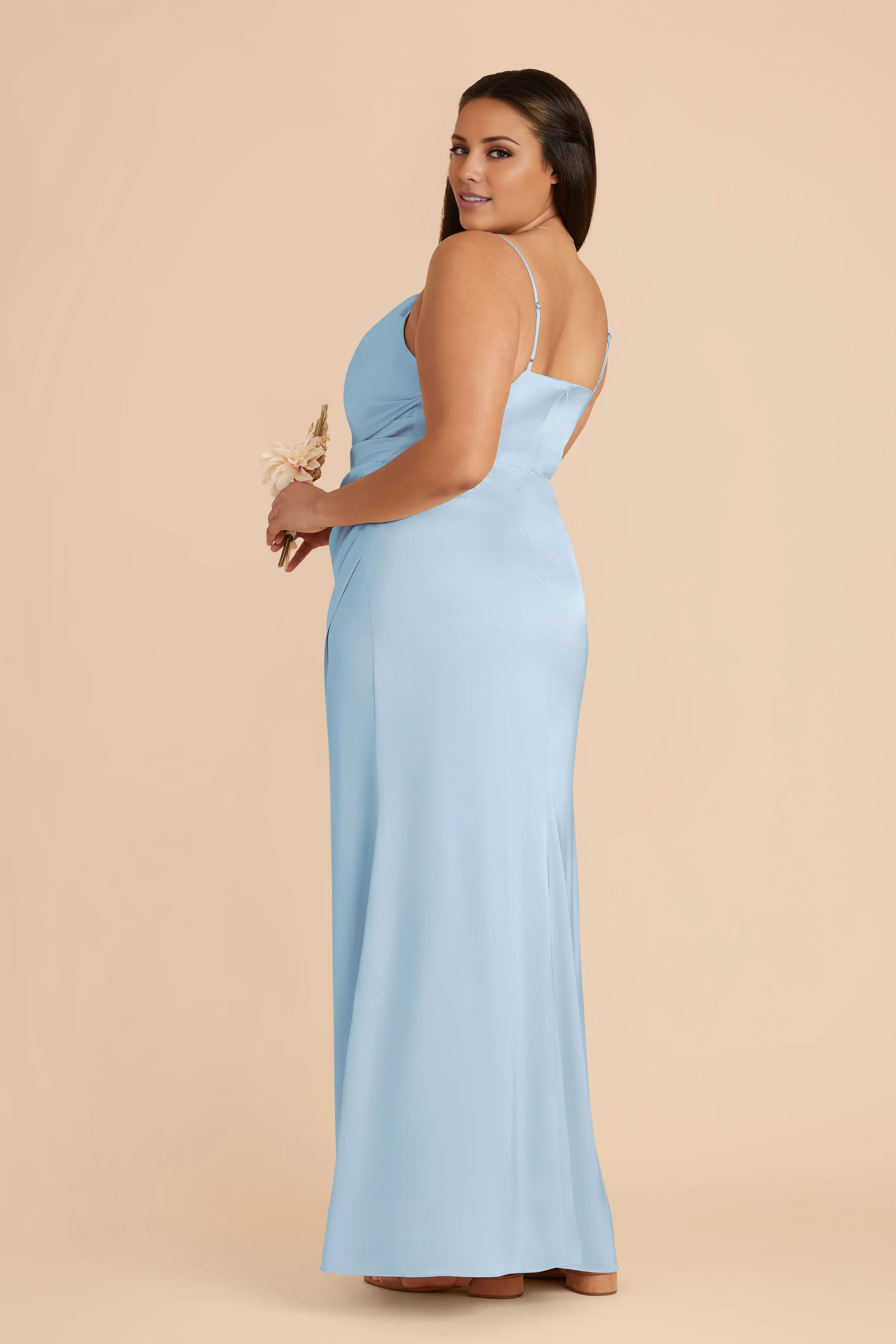 Streamlined Square Neck Sky Blue Sleeveless Satin Ruched Maxi Bridesmaid  Dress