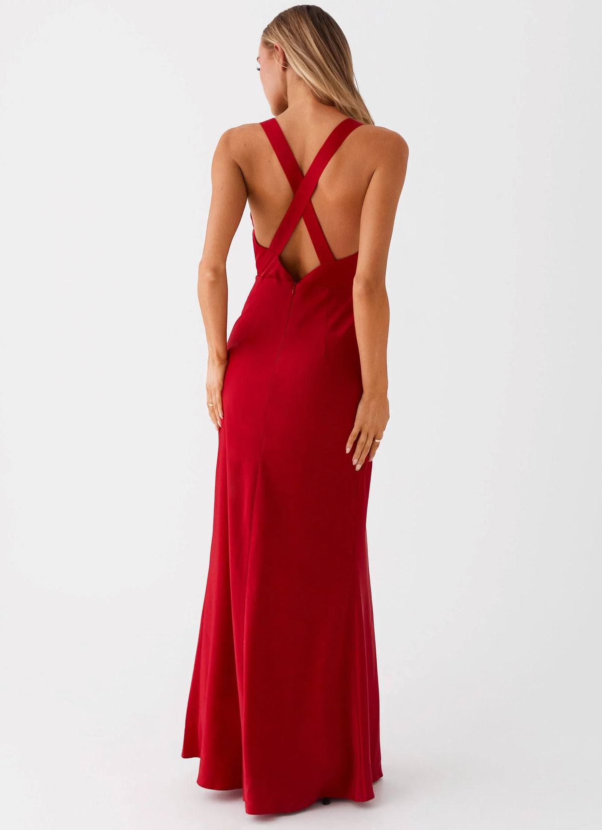 Red Satin Sheath/column V-Neck Floor-Length Dress