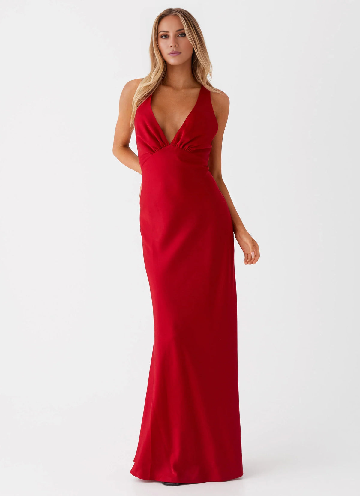 Red Satin Sheath/column V-Neck Floor-Length Dress