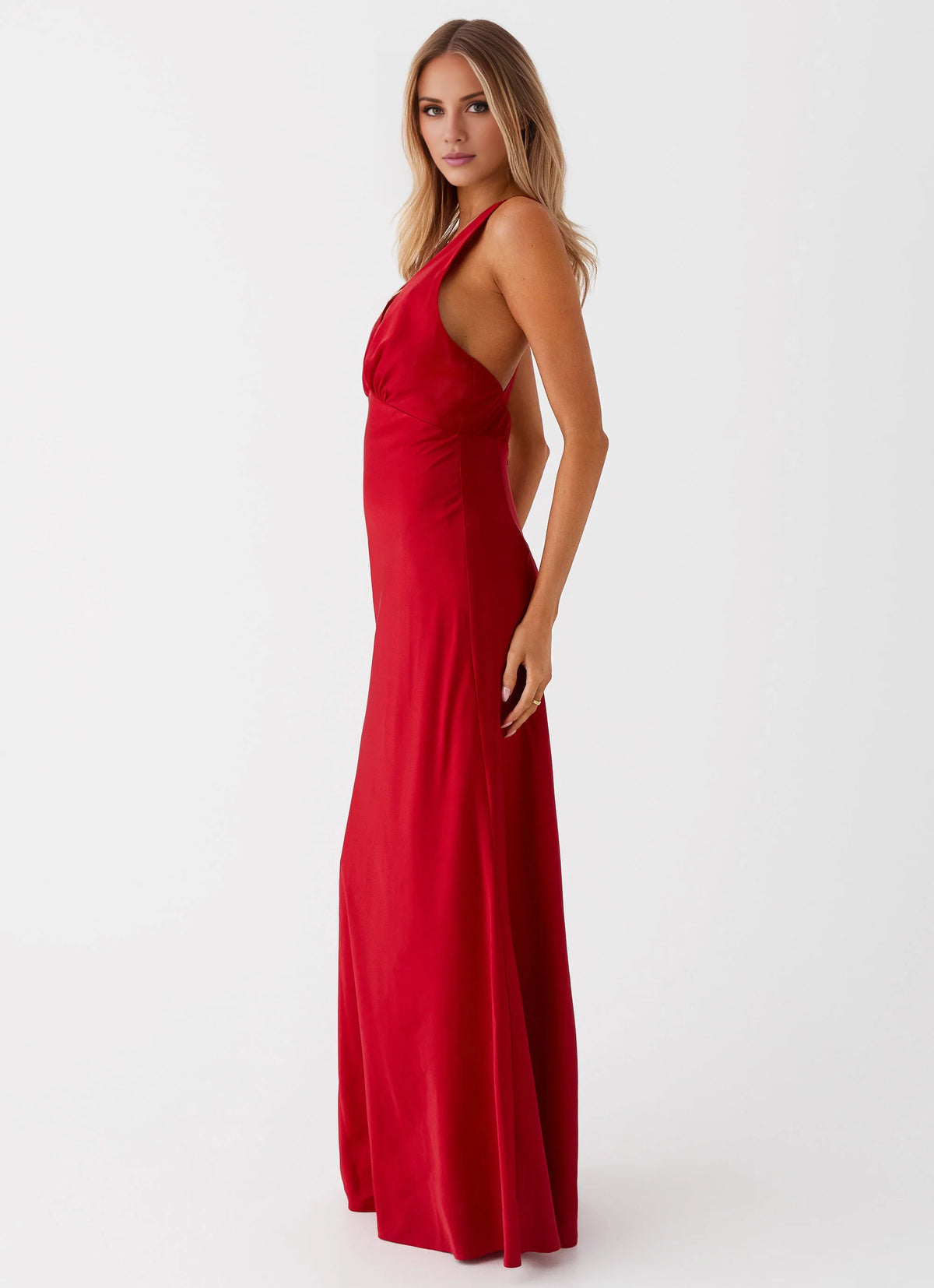 Red Satin Sheath/column V-Neck Floor-Length Dress