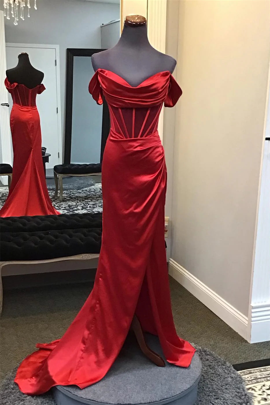 Striking Mermaid Off-Shoulder Zipper-Back Floor-Length Red Satin Evening Dress