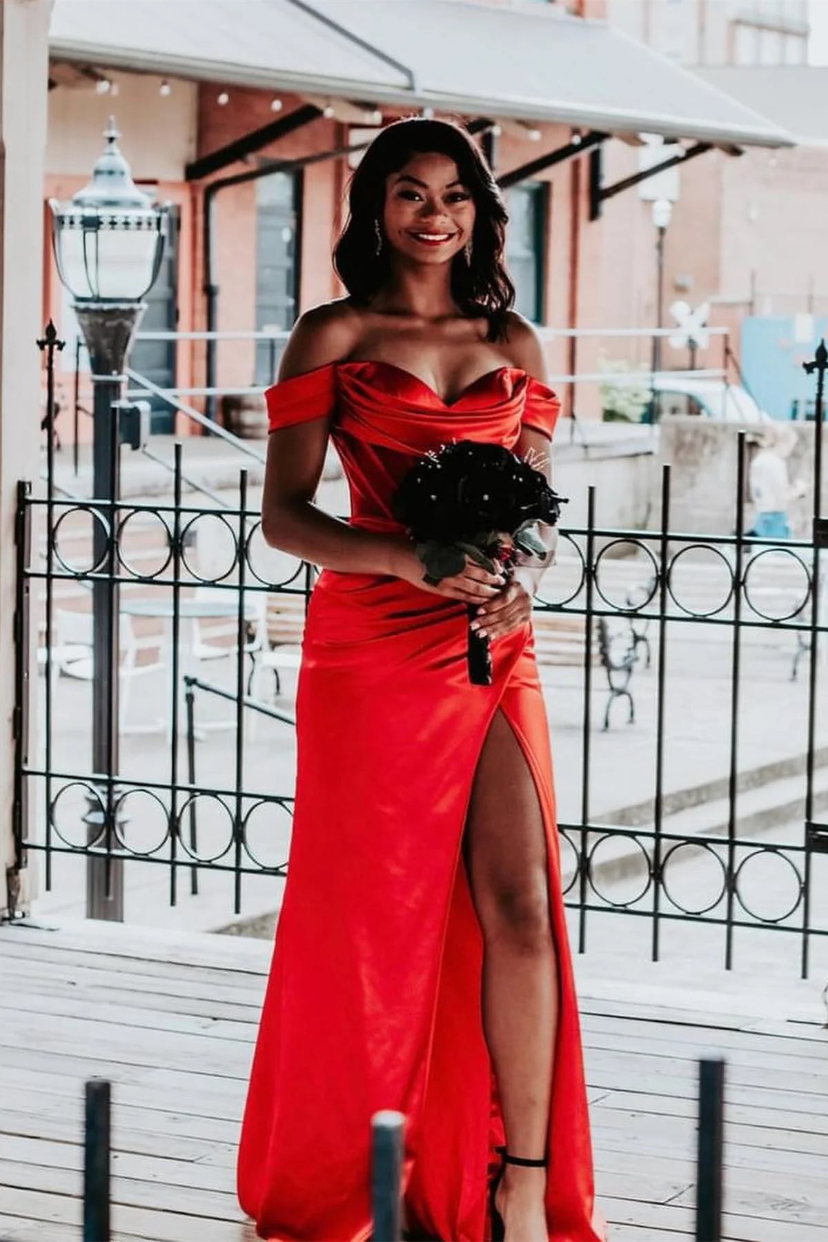 Striking Mermaid Off-Shoulder Zipper-Back Floor-Length Red Satin Evening Dress