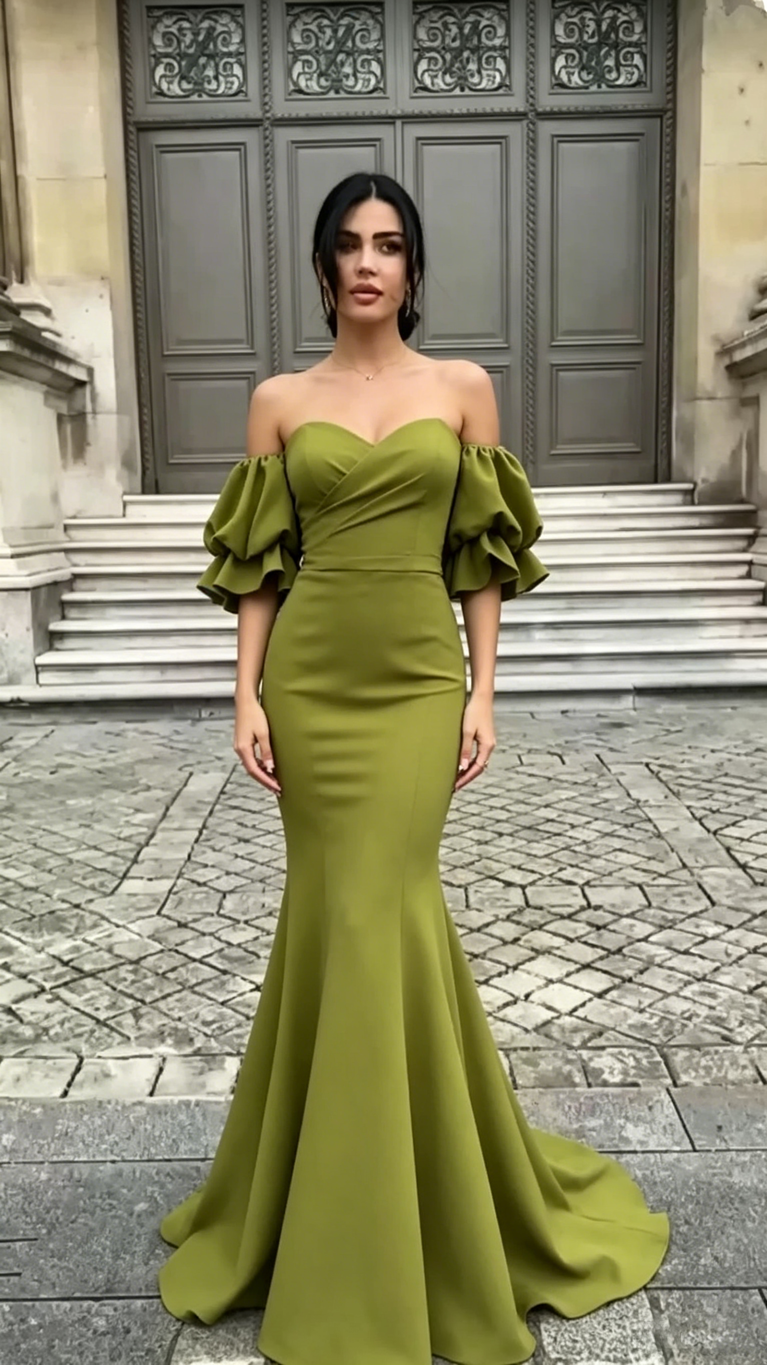 Striking Mermaid Off Shoulder Puff Sleeve Corset Back Floor Length Evening Dresses