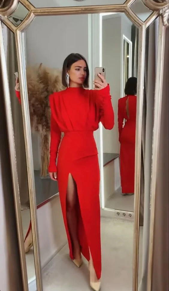 Striking Sheath Maxi Dress High Neck Long Sleeve Back Slit Formal Evening Dresses