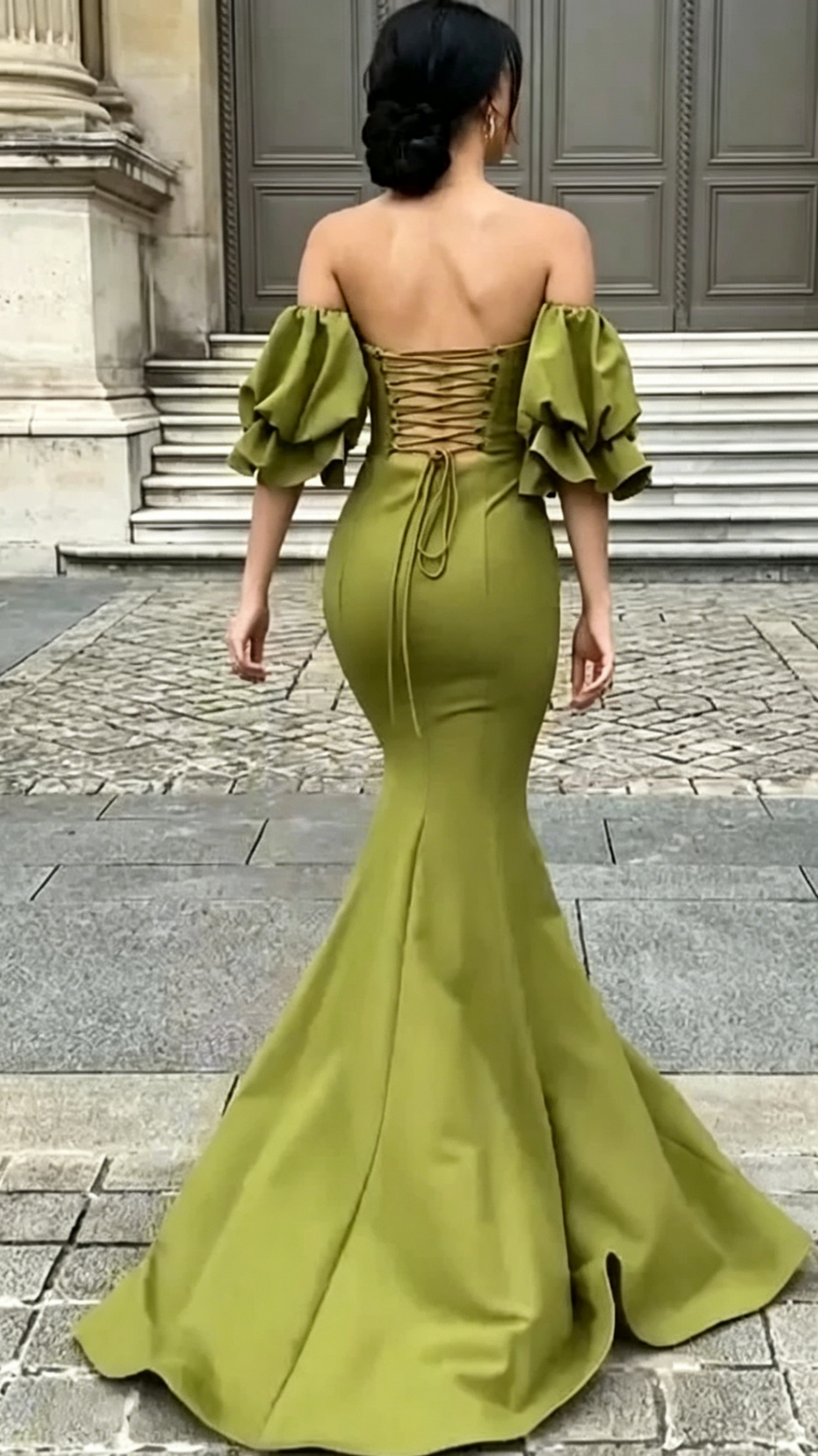 Striking Mermaid Off Shoulder Puff Sleeve Corset Back Floor Length Evening Dresses