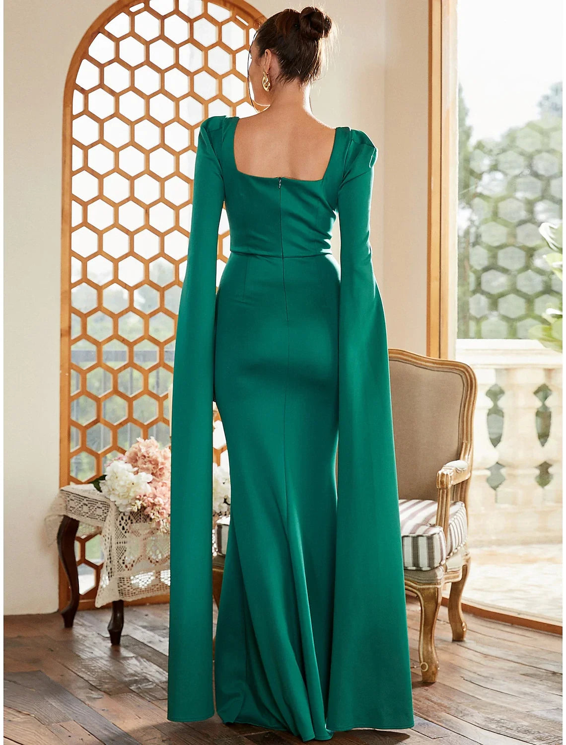 Striking Satin Mermaid Square Neck Cape Sleeve Zipper Back Floor-Length Evening Dresses