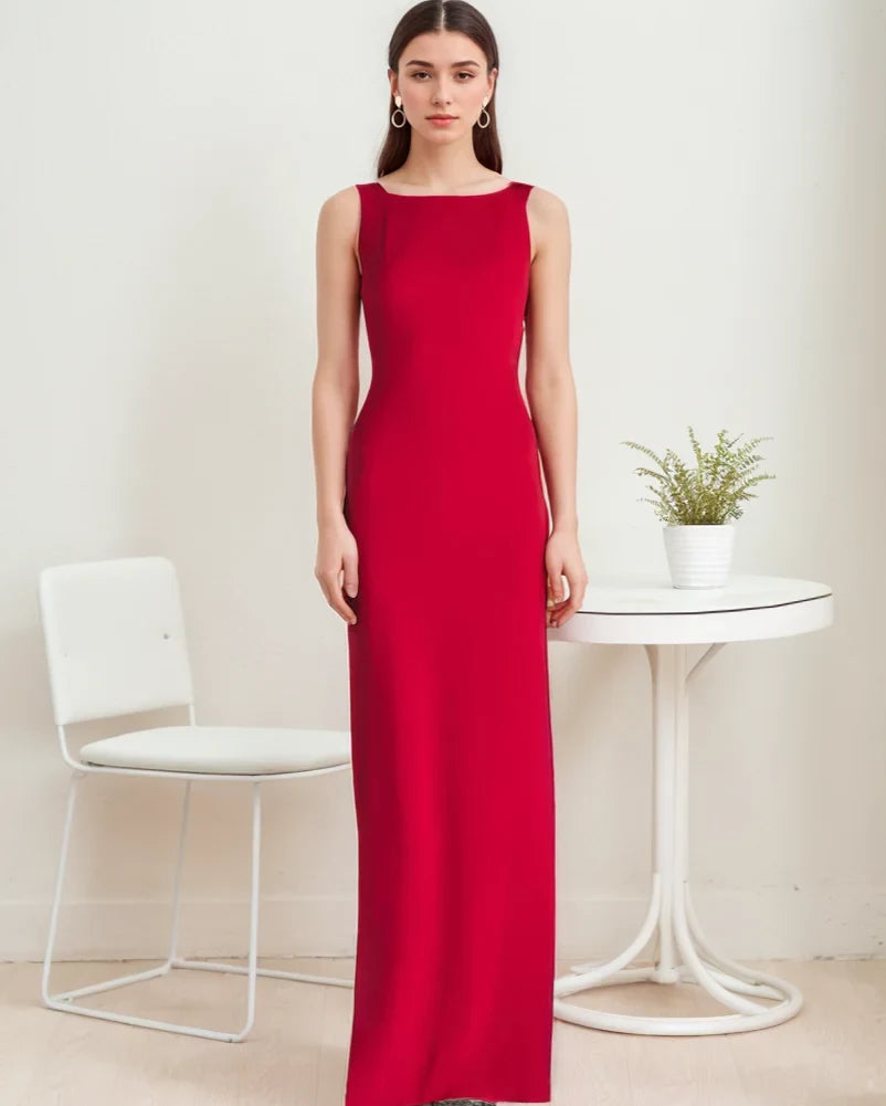 Striking Satin Sheath Boat Neck Sleeveless Open Back with Bow Tie Floor-Length Evening Dresses
