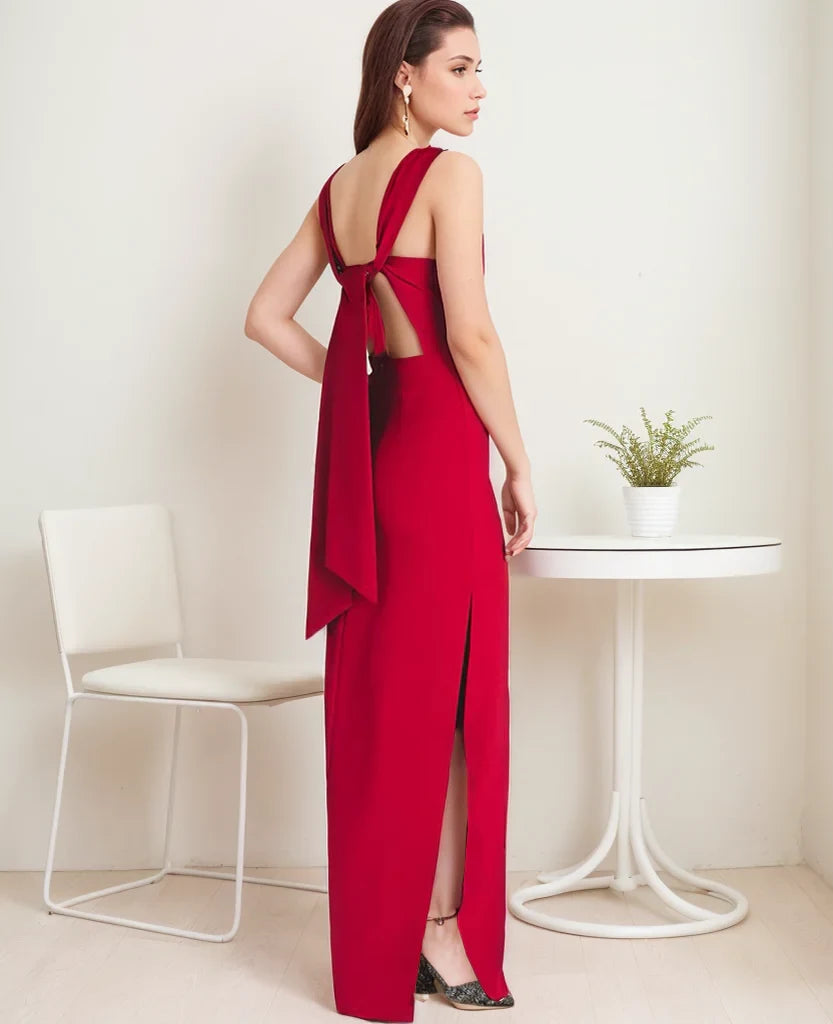 Striking Satin Sheath Boat Neck Sleeveless Open Back with Bow Tie Floor-Length Evening Dresses