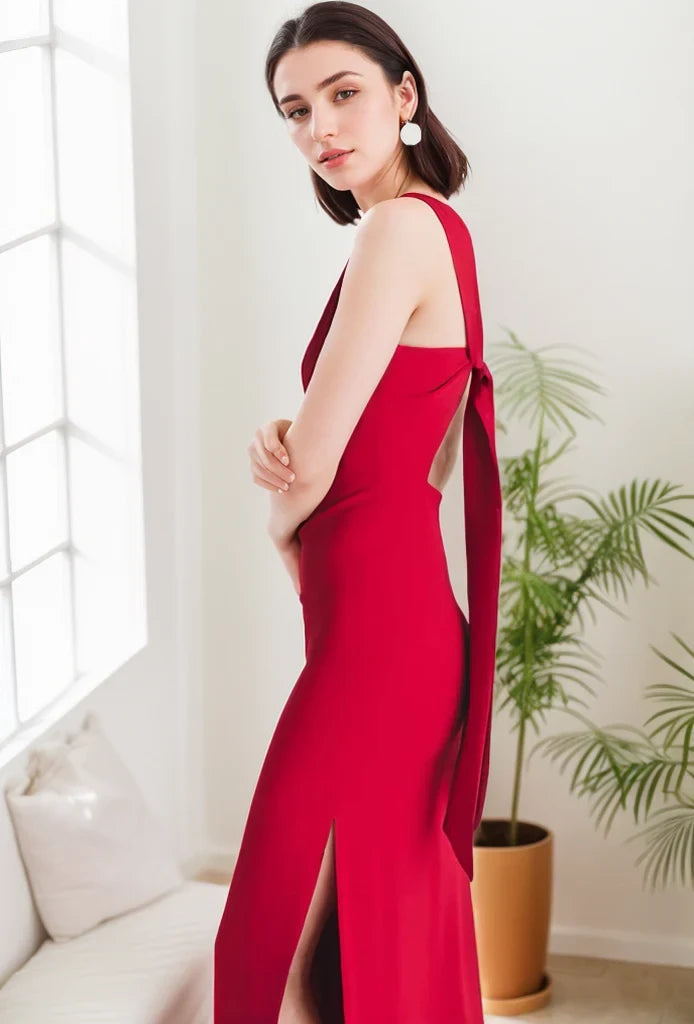 Striking Satin Sheath Boat Neck Sleeveless Open Back with Bow Tie Floor-Length Evening Dresses