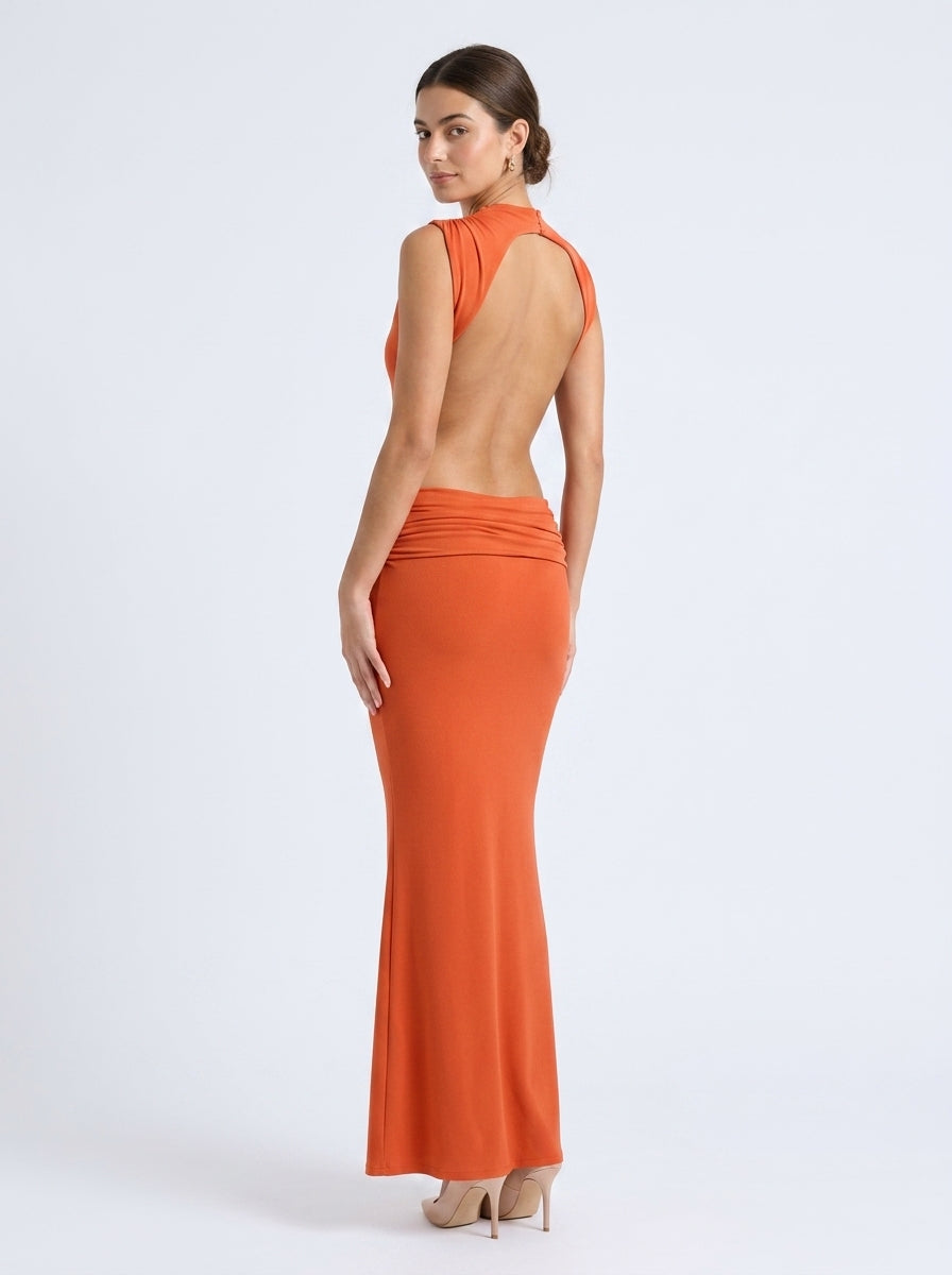 Striking Satin Sheath High Neck Sleeveless Open Back Floor-Length Evening Dresses