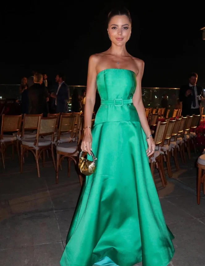 Structured A-line strapless square neck belted floor-length formal evening gown