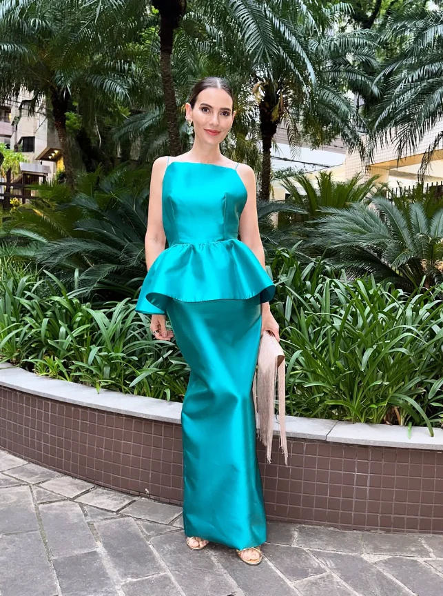 Structured peplum mermaid square neck spaghetti strap open-back floor-length evening dress