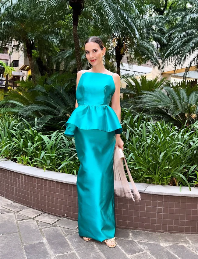 Structured peplum mermaid square neck spaghetti strap open-back floor-length evening dress