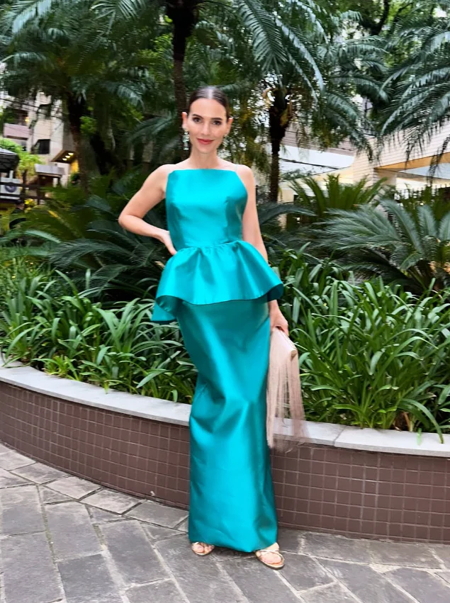 Structured peplum mermaid square neck spaghetti strap open-back floor-length evening dress