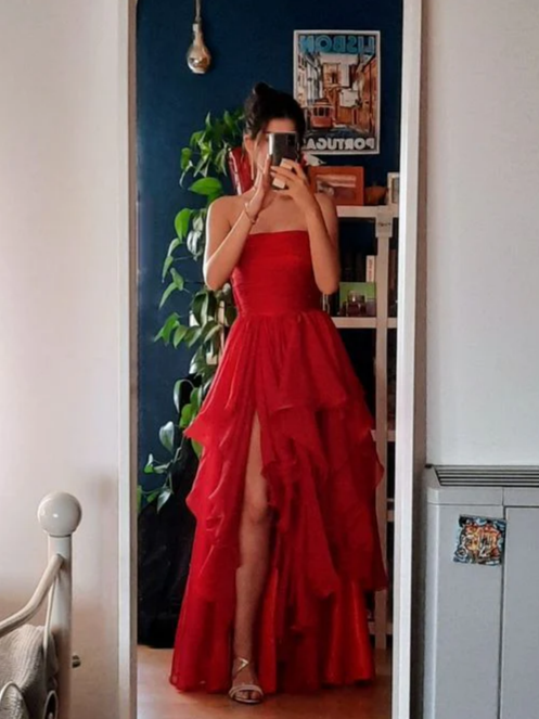 Stunning A-Line Strapless Ruched Bodice Tiered Ruffle High Slit Floor Length Evening Dress