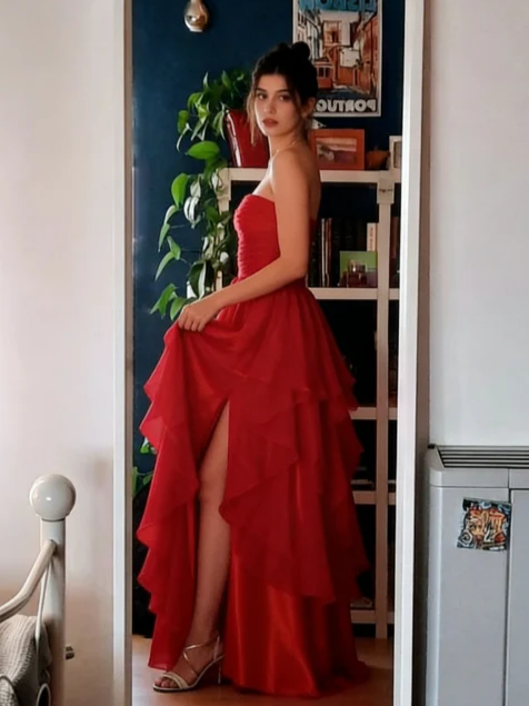 Stunning A-Line Strapless Ruched Bodice Tiered Ruffle High Slit Floor Length Evening Dress