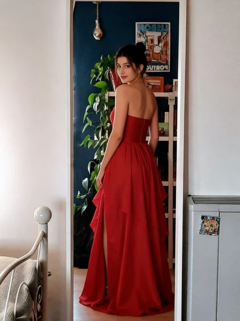 Stunning A-Line Strapless Ruched Bodice Tiered Ruffle High Slit Floor Length Evening Dress