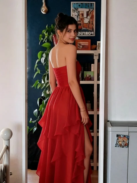 Stunning A-Line Strapless Ruched Bodice Tiered Ruffle High Slit Floor Length Evening Dress