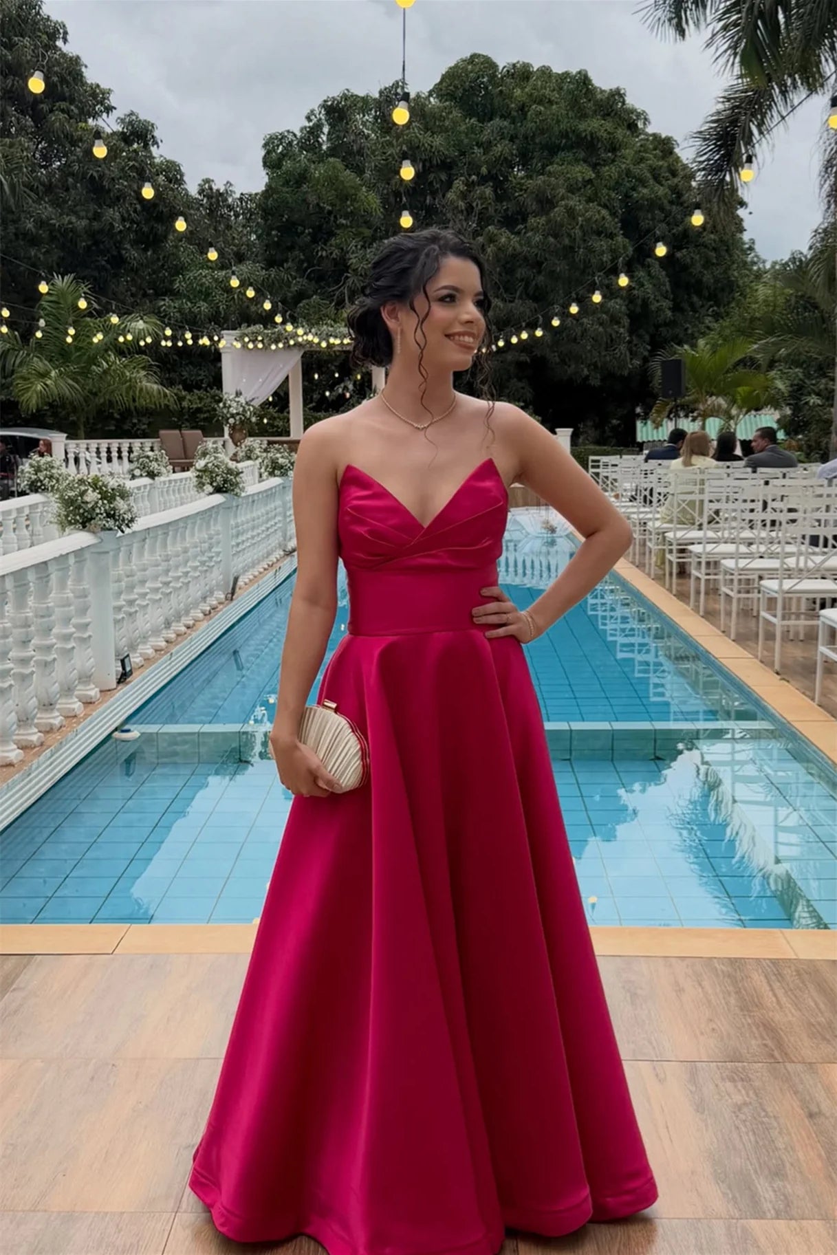 Pink Satin A-Line Floor-Length Bridesmaid Dress with Draped Bodice