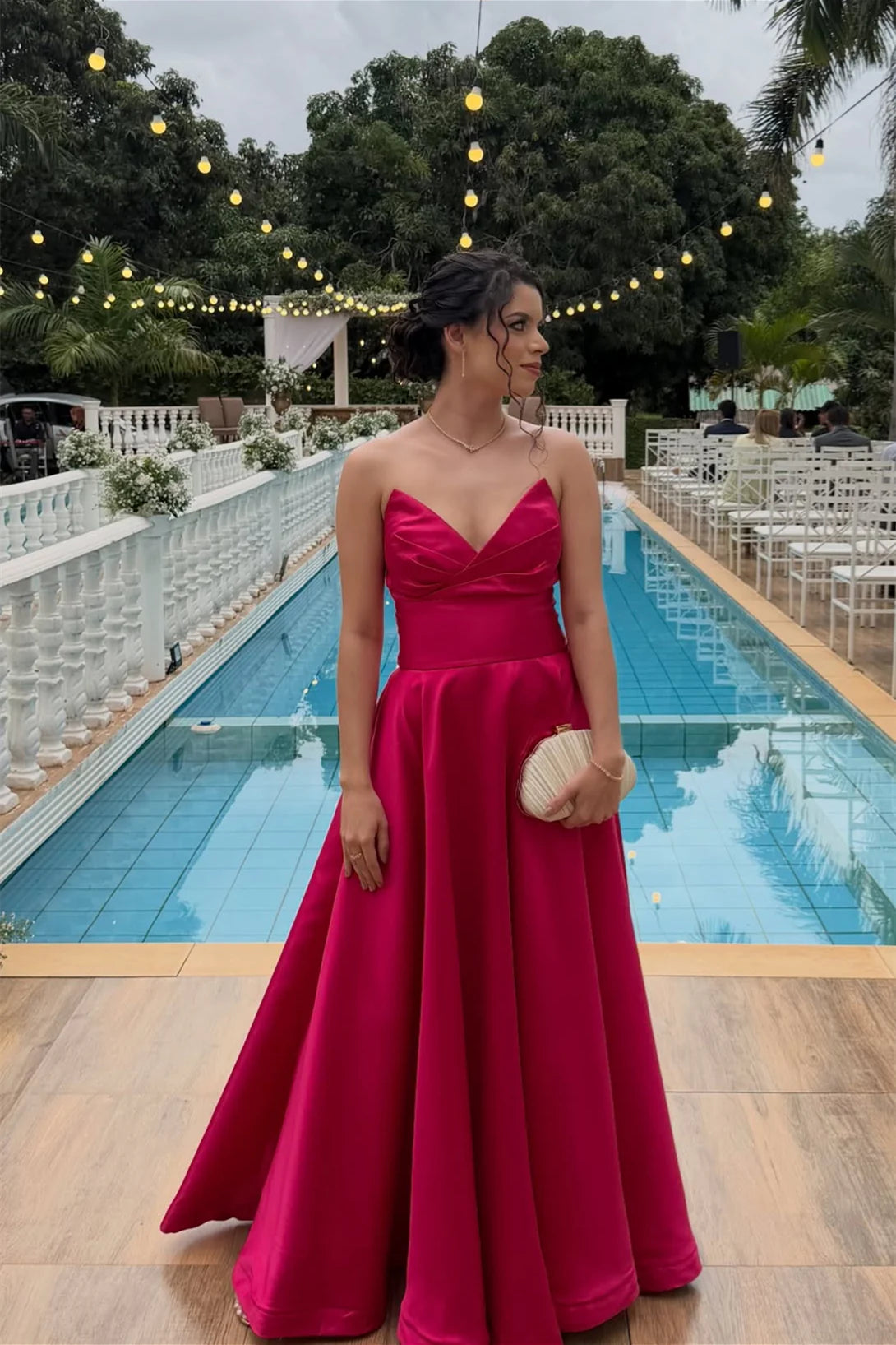 Pink Satin A-Line Floor-Length Bridesmaid Dress with Draped Bodice