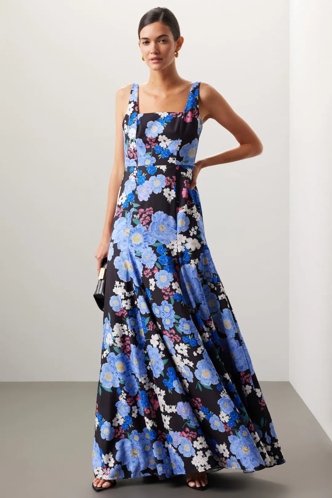 Stunning Black A-Line Square-Neck Sleeveless Floral-Print Floor-Length Prom Dresses