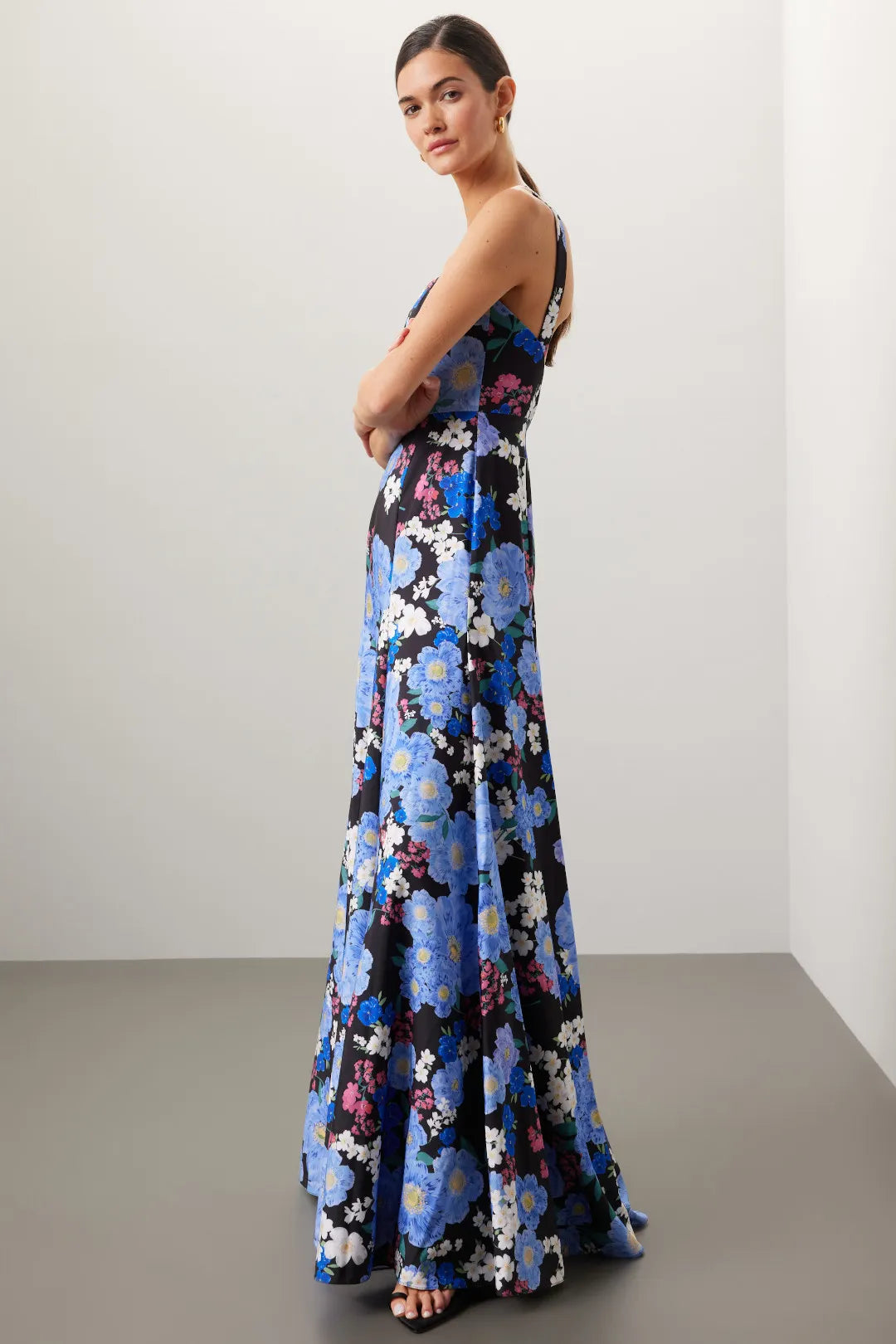 Stunning Black A-Line Square-Neck Sleeveless Floral-Print Floor-Length Prom Dresses