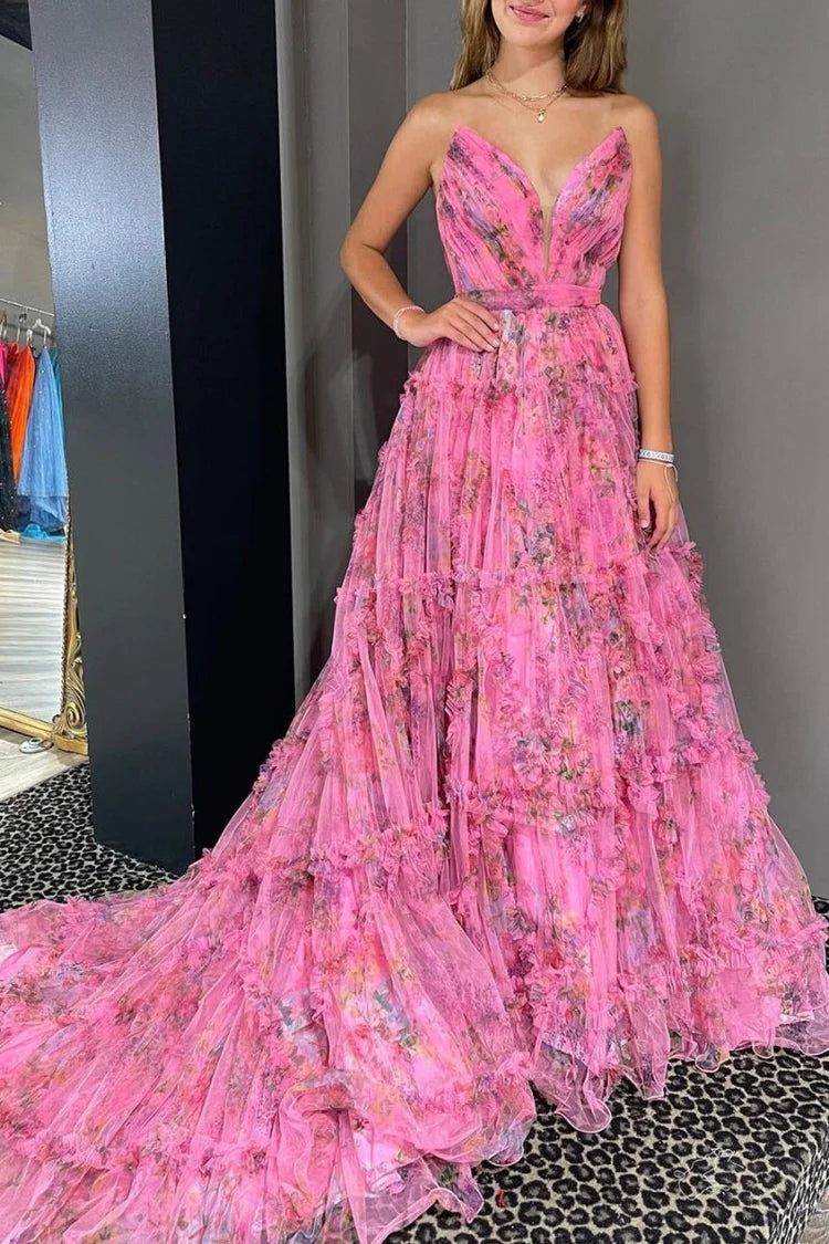 Stunning Dramatic Fitted Ball Gown Plunging V Neck Sleeveless Backless Floor-Length Ruffled Tiered Floral Print Prom Dresses