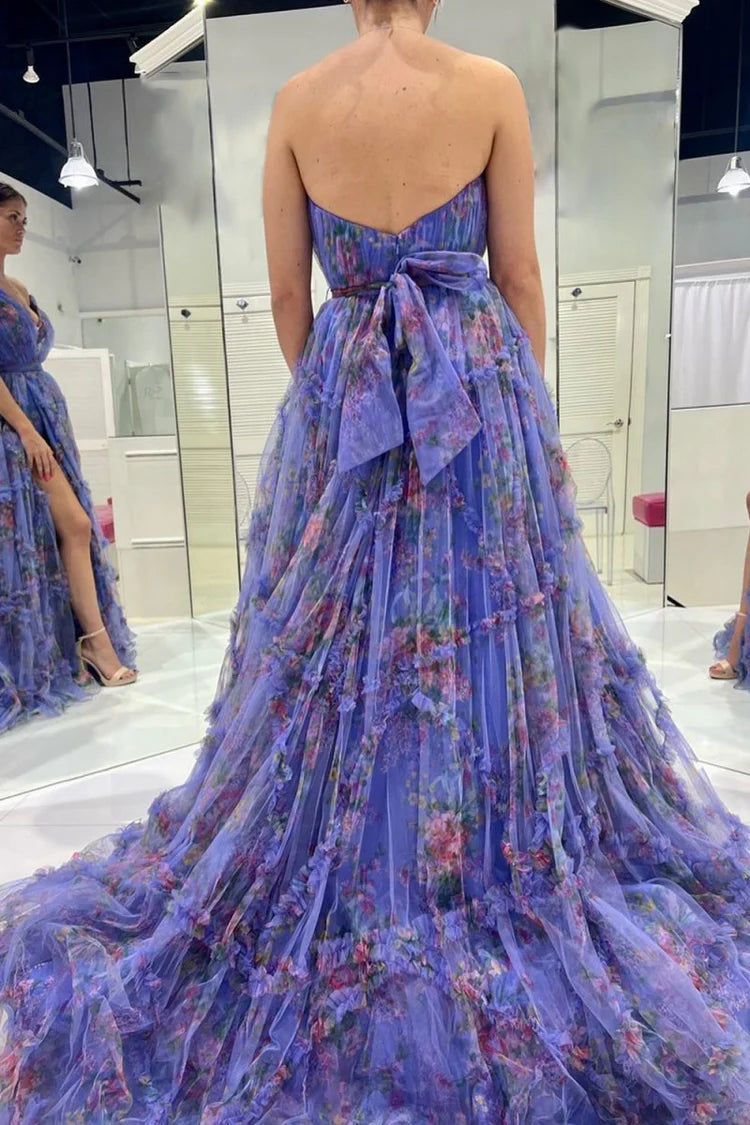 Stunning Dramatic Fitted Ball Gown Plunging V Neck Sleeveless Backless Floor-Length Ruffled Tiered Floral Print Prom Dresses