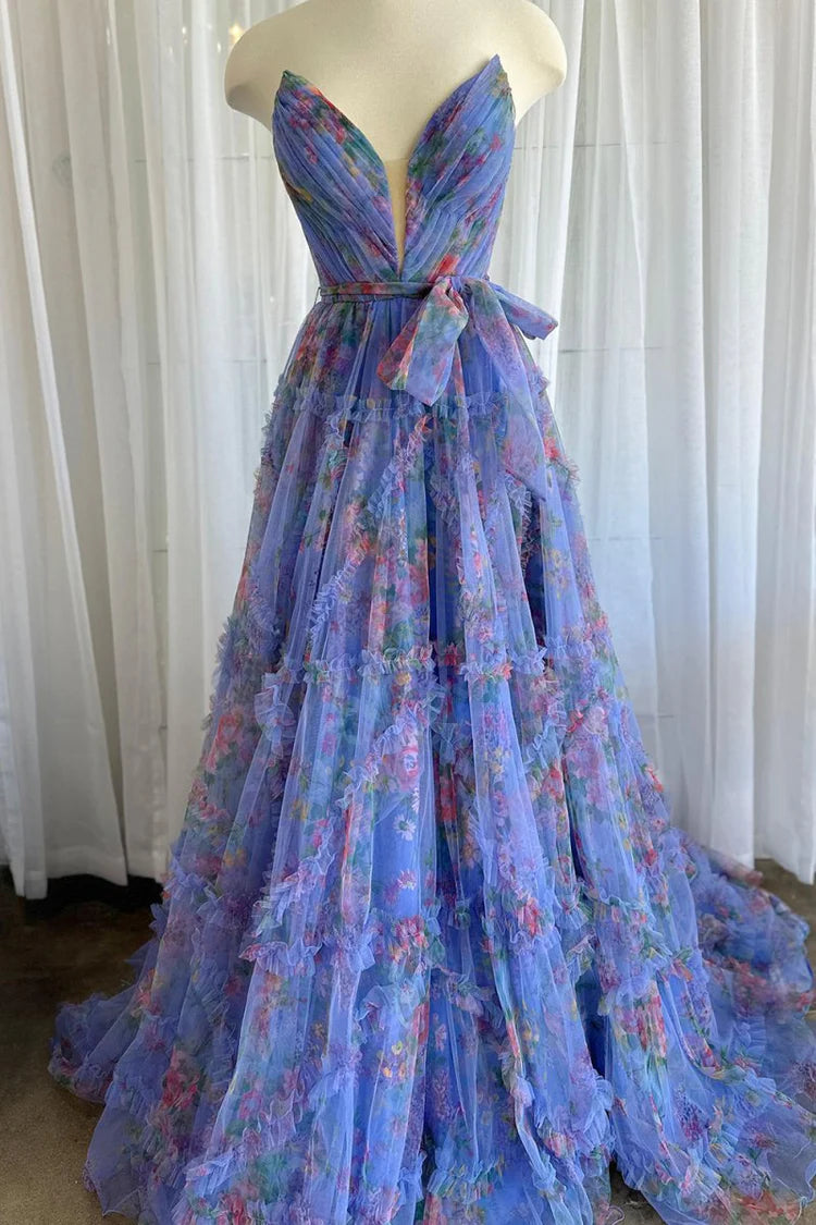 Stunning Dramatic Fitted Ball Gown Plunging V Neck Sleeveless Backless Floor-Length Ruffled Tiered Floral Print Prom Dresses