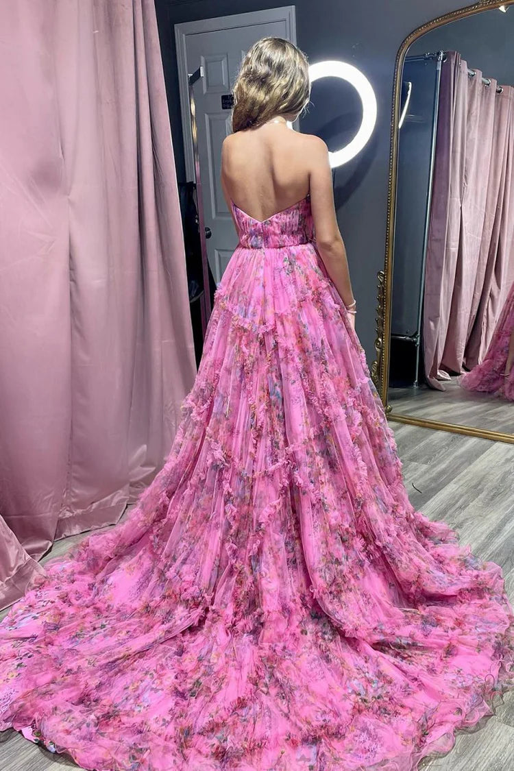 Stunning Dramatic Fitted Ball Gown Plunging V Neck Sleeveless Backless Floor-Length Ruffled Tiered Floral Print Prom Dresses