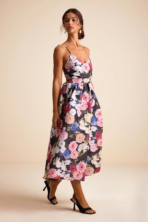 Stunning Floral Print Satin Midi V-Neck Spaghetti Strap Open Back Lace-Up Formal Evening Party Dresses