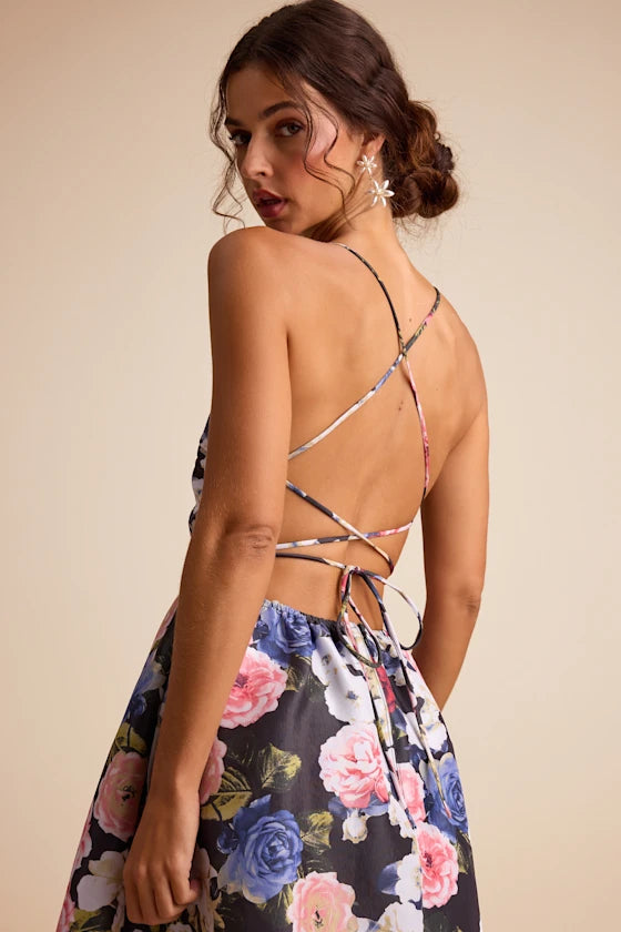Stunning Floral Print Satin Midi V-Neck Spaghetti Strap Open Back Lace-Up Formal Evening Party Dresses