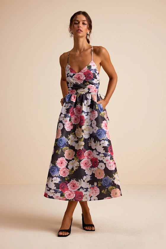 Stunning Floral Print Satin Midi V-Neck Spaghetti Strap Open Back Lace-Up Formal Evening Party Dresses