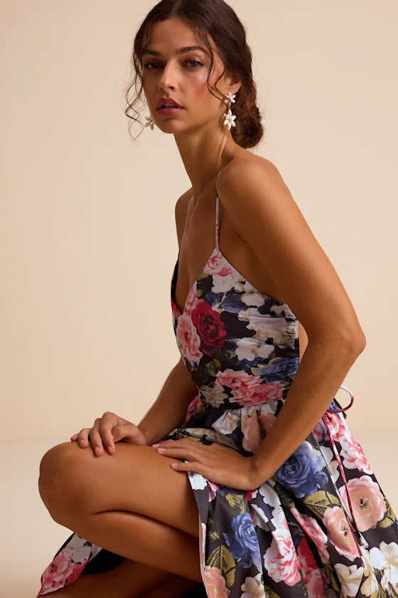 Stunning Floral Print Satin Midi V-Neck Spaghetti Strap Open Back Lace-Up Formal Evening Party Dresses