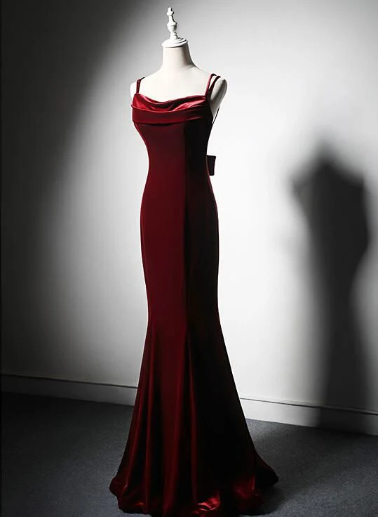 Stunning Mermaid Cowl Neck Double Strap Back Bow Floor Length Velvet Evening Dress