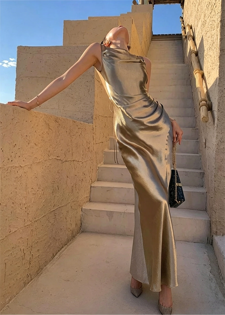 Stunning Mermaid Cowl Neck Sleeveless Lace Up Open Back Floor Length Evening Dress