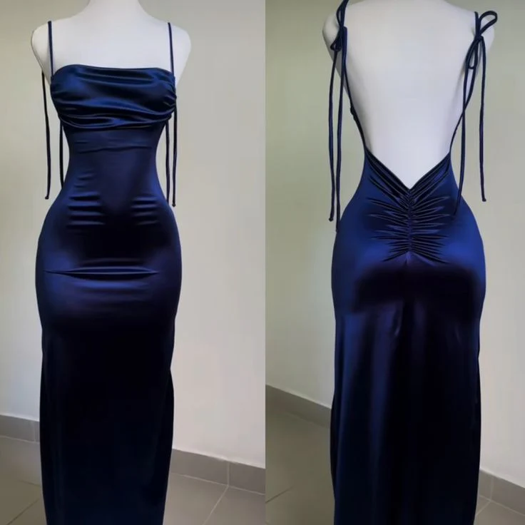 Stunning Mermaid Cowl Neck Spaghetti Tie-Strap Open Back Floor Length Satin Evening Dress