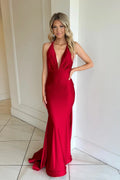 Red Satin Sheath/column Floor-Length V-Neck Backless Dress