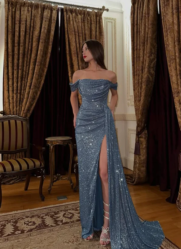Stunning Mermaid Off-the-Shoulder Short Sleeve Sequin Slit Floor Length Evening Dress
