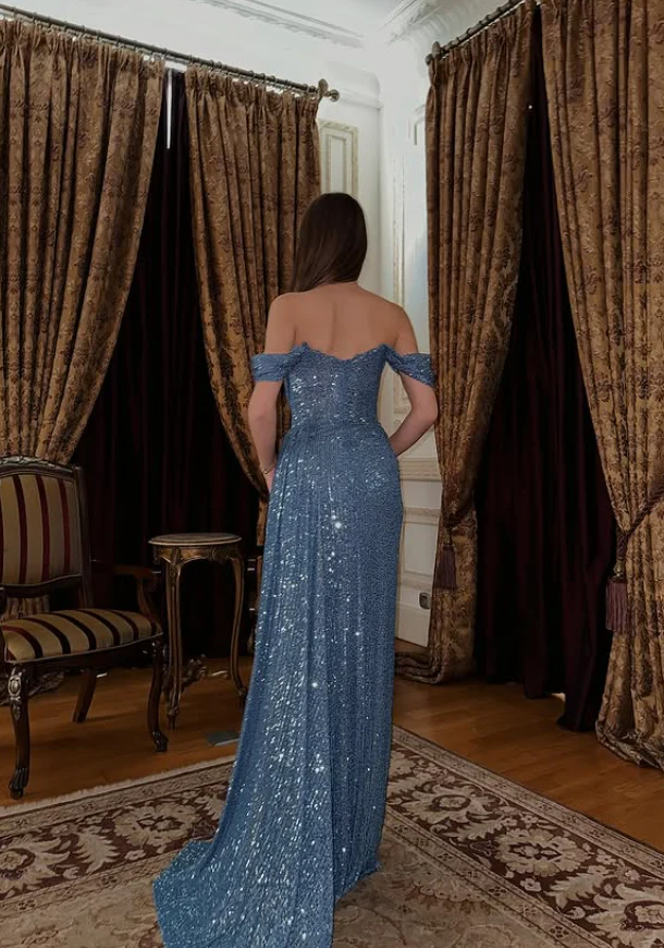 Stunning Mermaid Off-the-Shoulder Short Sleeve Sequin Slit Floor Length Evening Dress