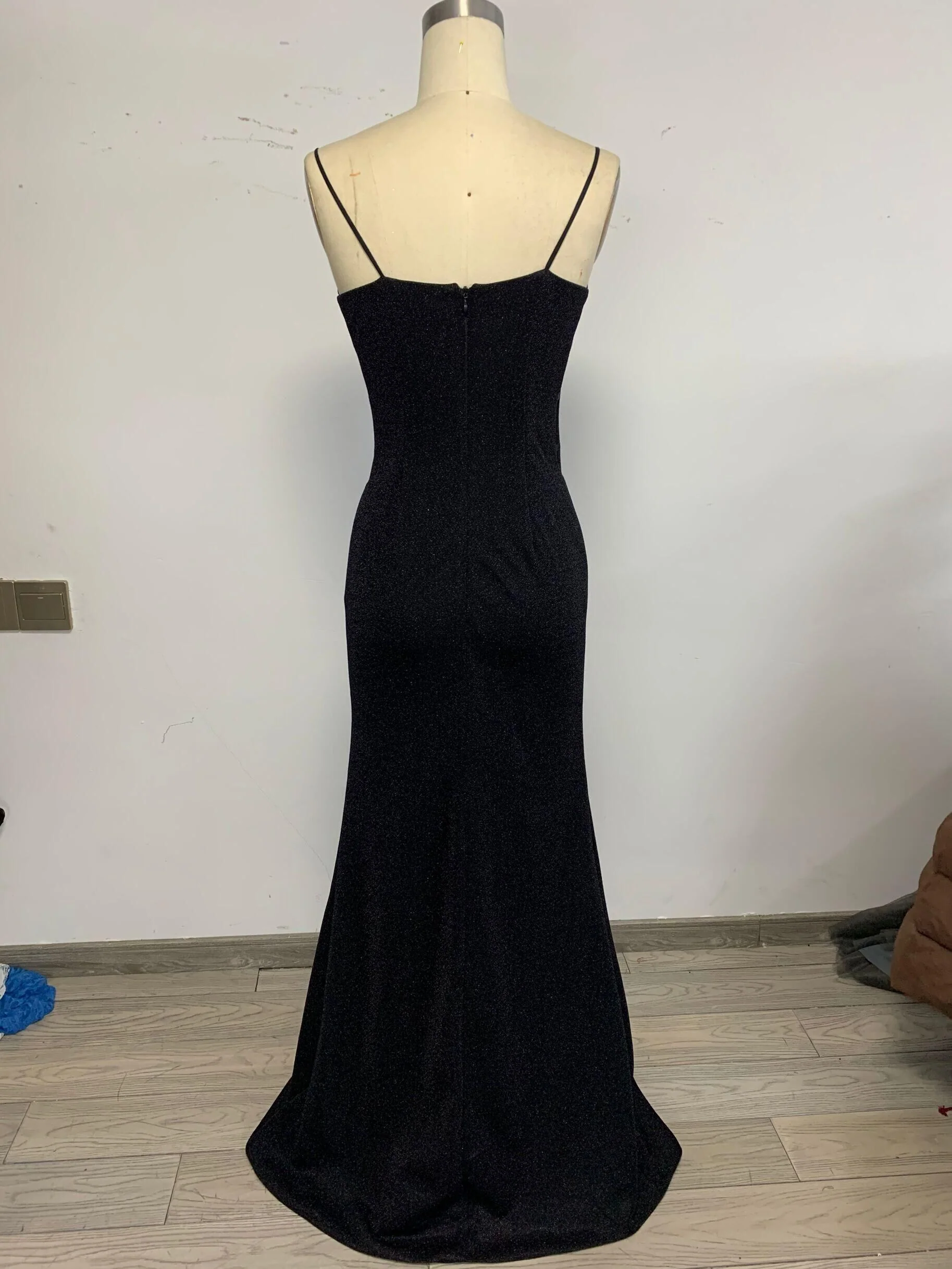Stunning Mermaid Square Neck Spaghetti Strap Side Cutout High Slit Glitter Evening Dress