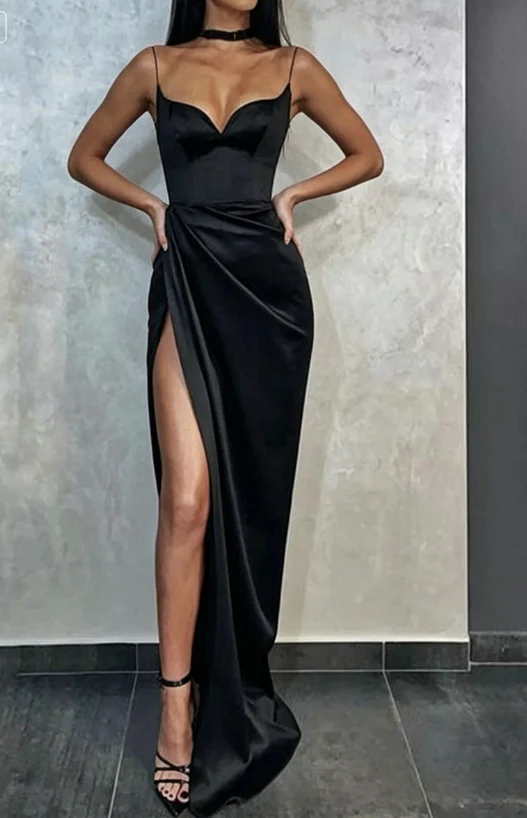 Stunning Mermaid Sweetheart Spaghetti Strap Lace-Up Back High Slit Floor Length Satin Evening Dress