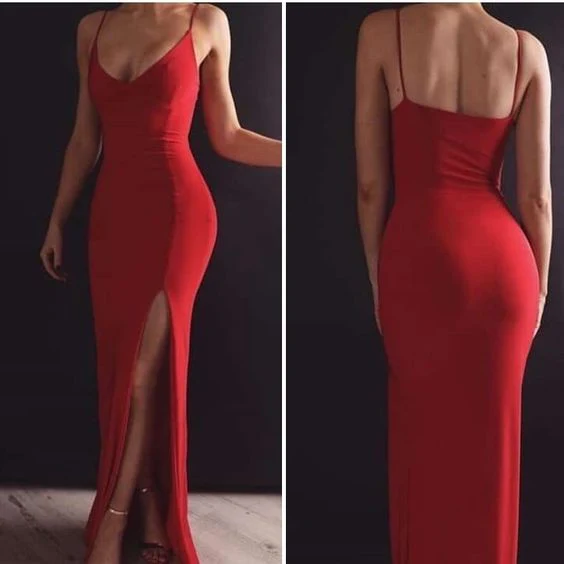 Stunning Mermaid V-Neck Spaghetti-Straps Backless High-Slit Floor-Length Evening Dress
