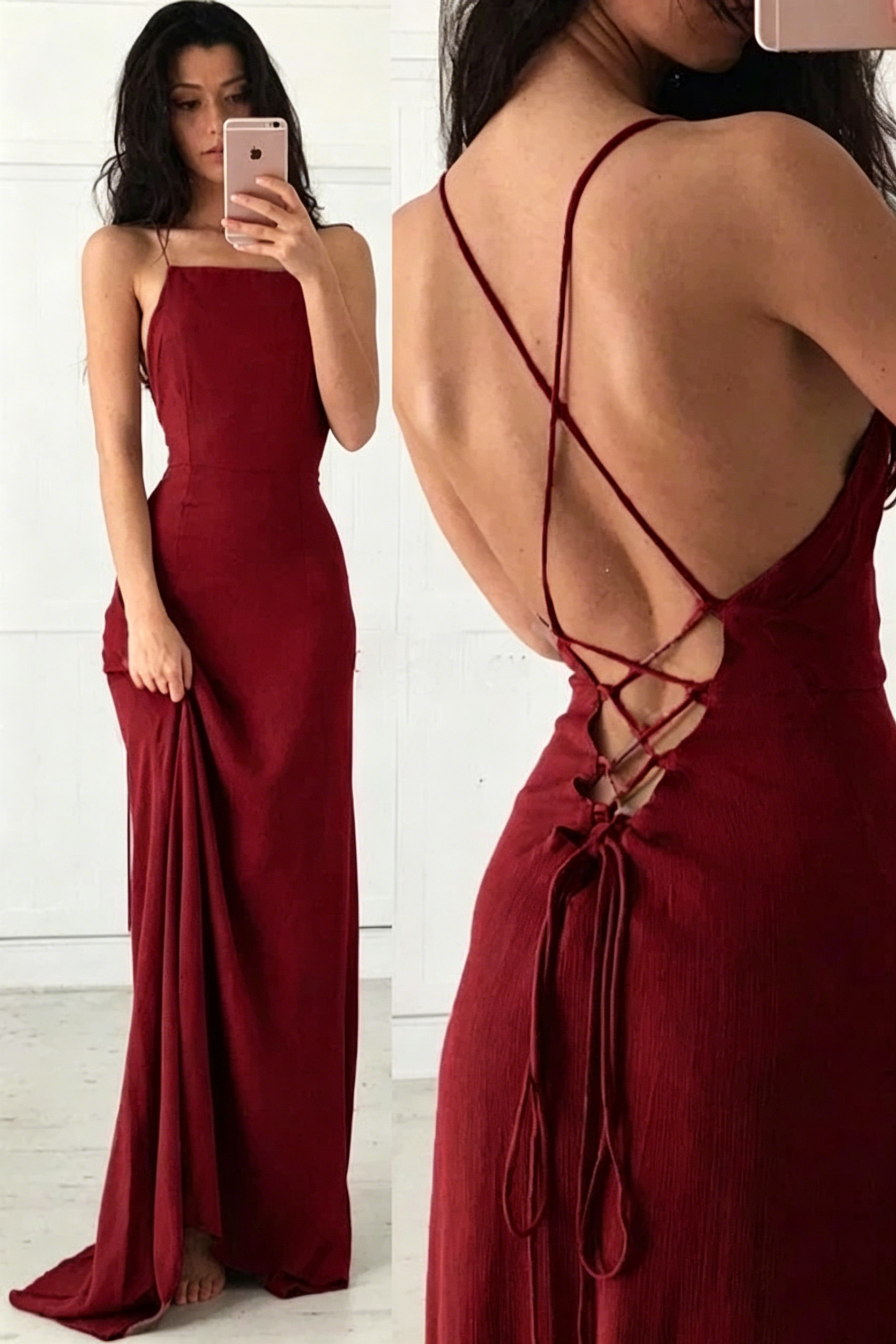 Stunning Red Maxi Dress Square Neck Spaghetti Strap Lace Up Open Back Evening Dresses